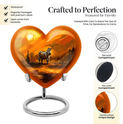 10-inch zebra urn for adult human ashes with heart design, aluminium made, customisable engraving