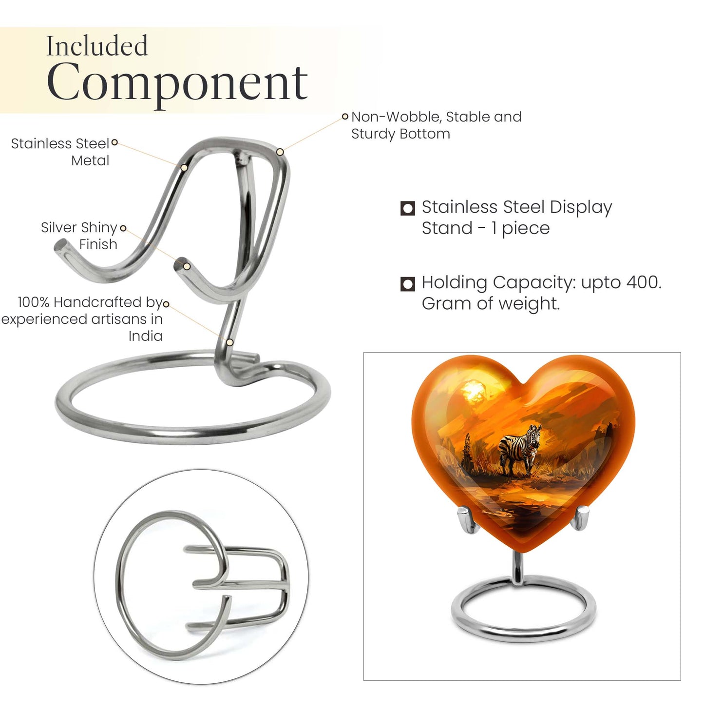10-inch zebra urn for adult human ashes with heart design, aluminium made, customisable engraving