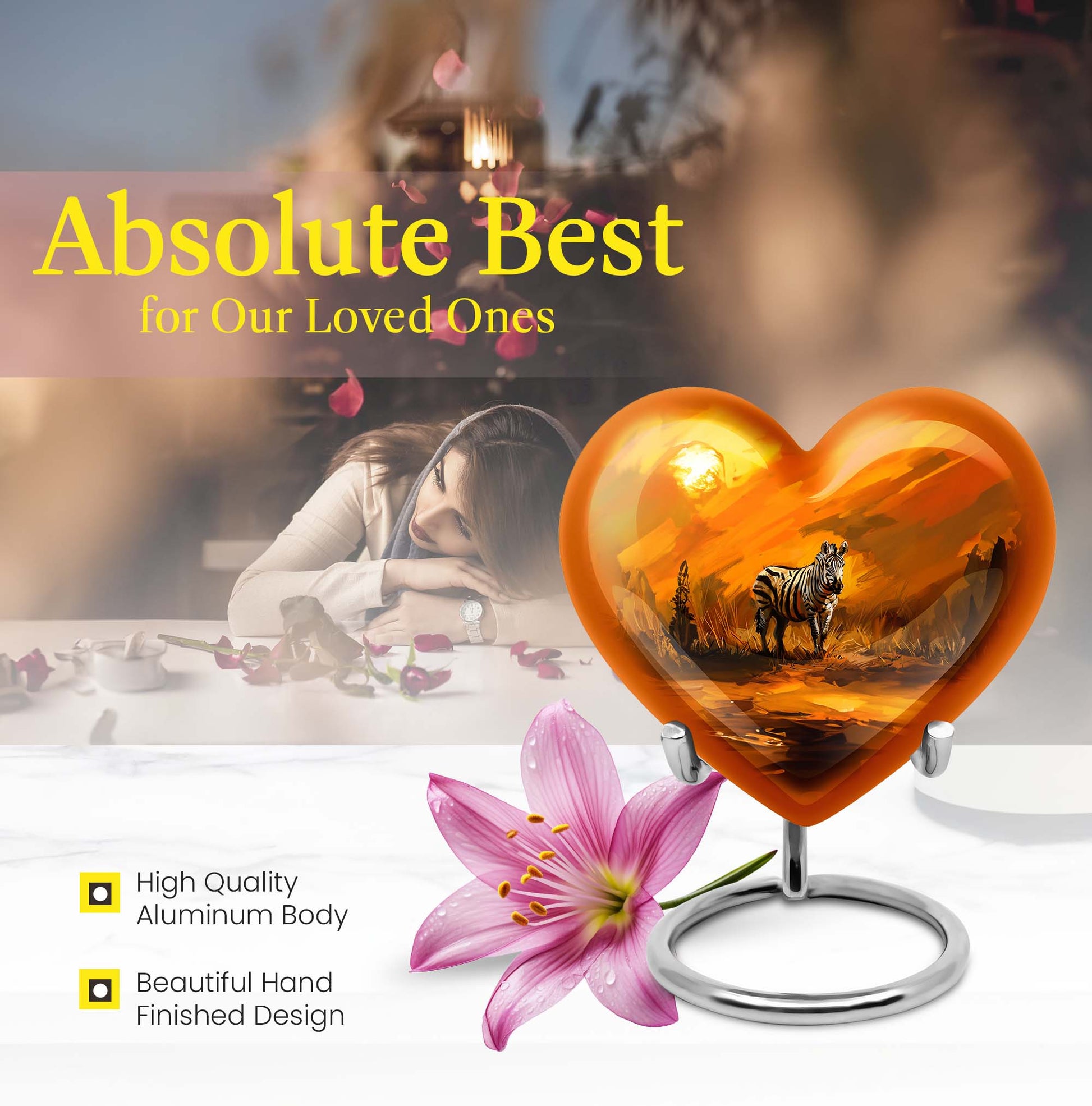 10-inch zebra urn for adult human ashes with heart design, aluminium made, customisable engraving