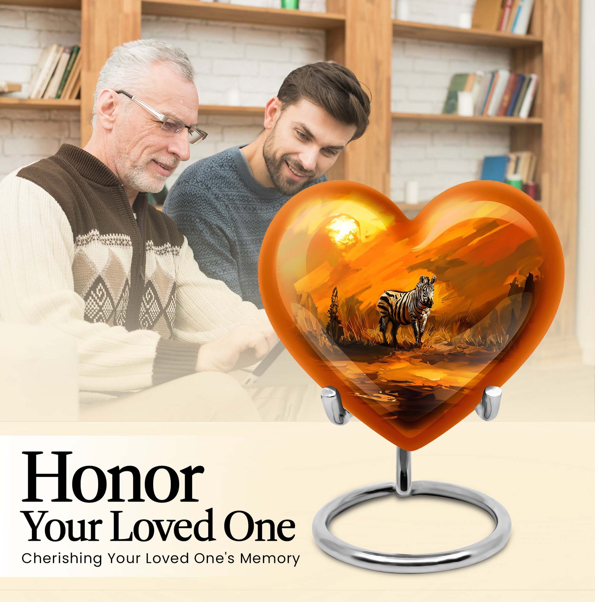 10-inch zebra urn for adult human ashes with heart design, aluminium made, customisable engraving