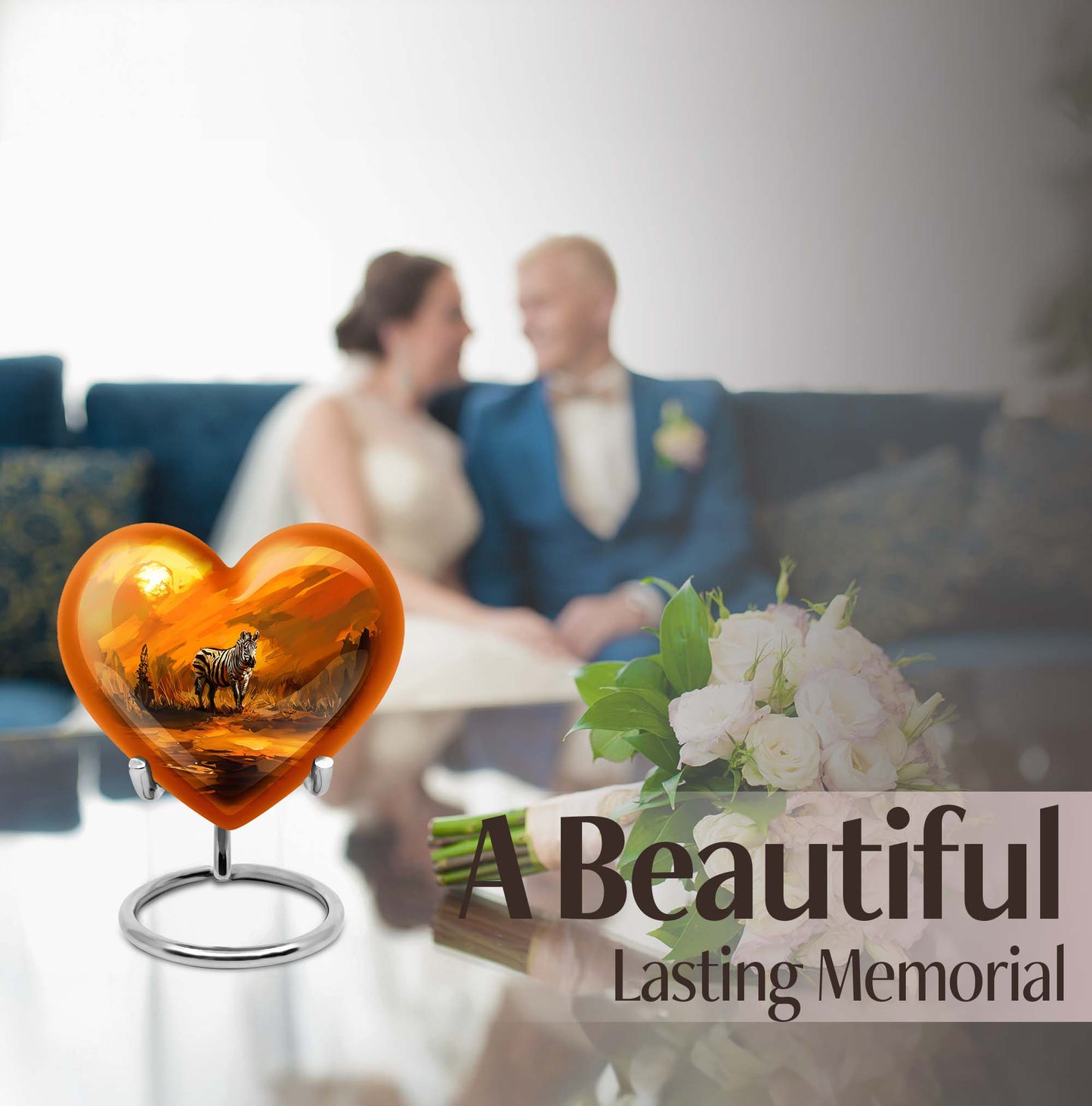 10-inch zebra urn for adult human ashes with heart design, aluminium made, customisable engraving
