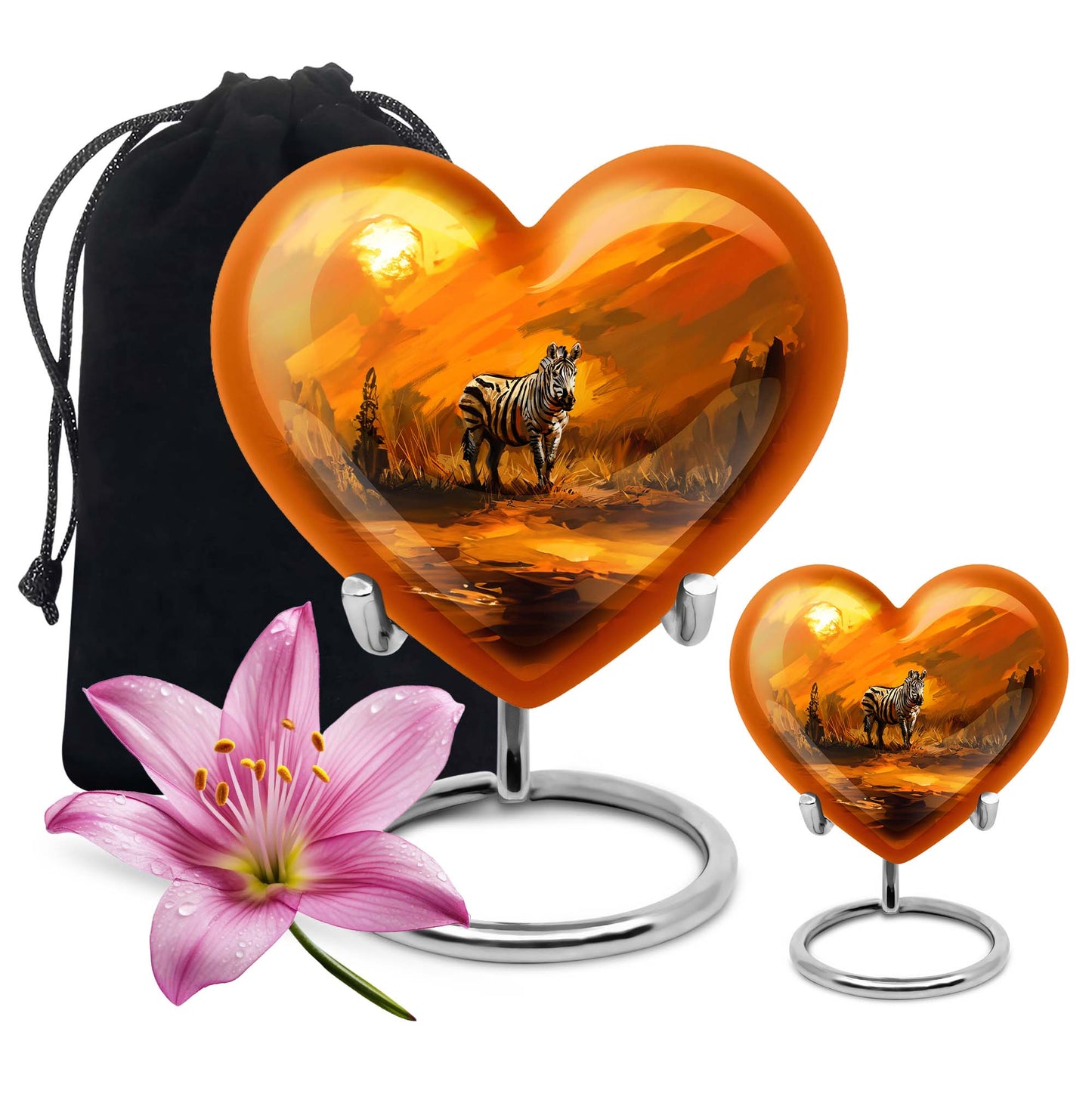 10-inch zebra urn for adult human ashes with heart design, aluminium made, customisable engraving