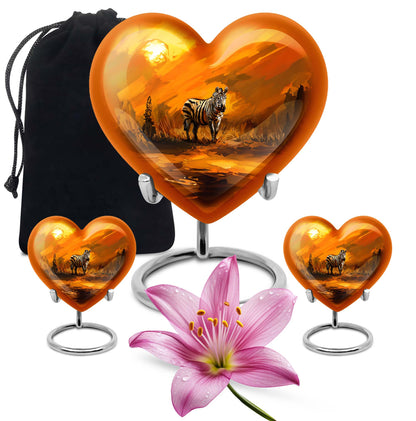 10-inch zebra urn for adult human ashes with heart design, aluminium made, customisable engraving