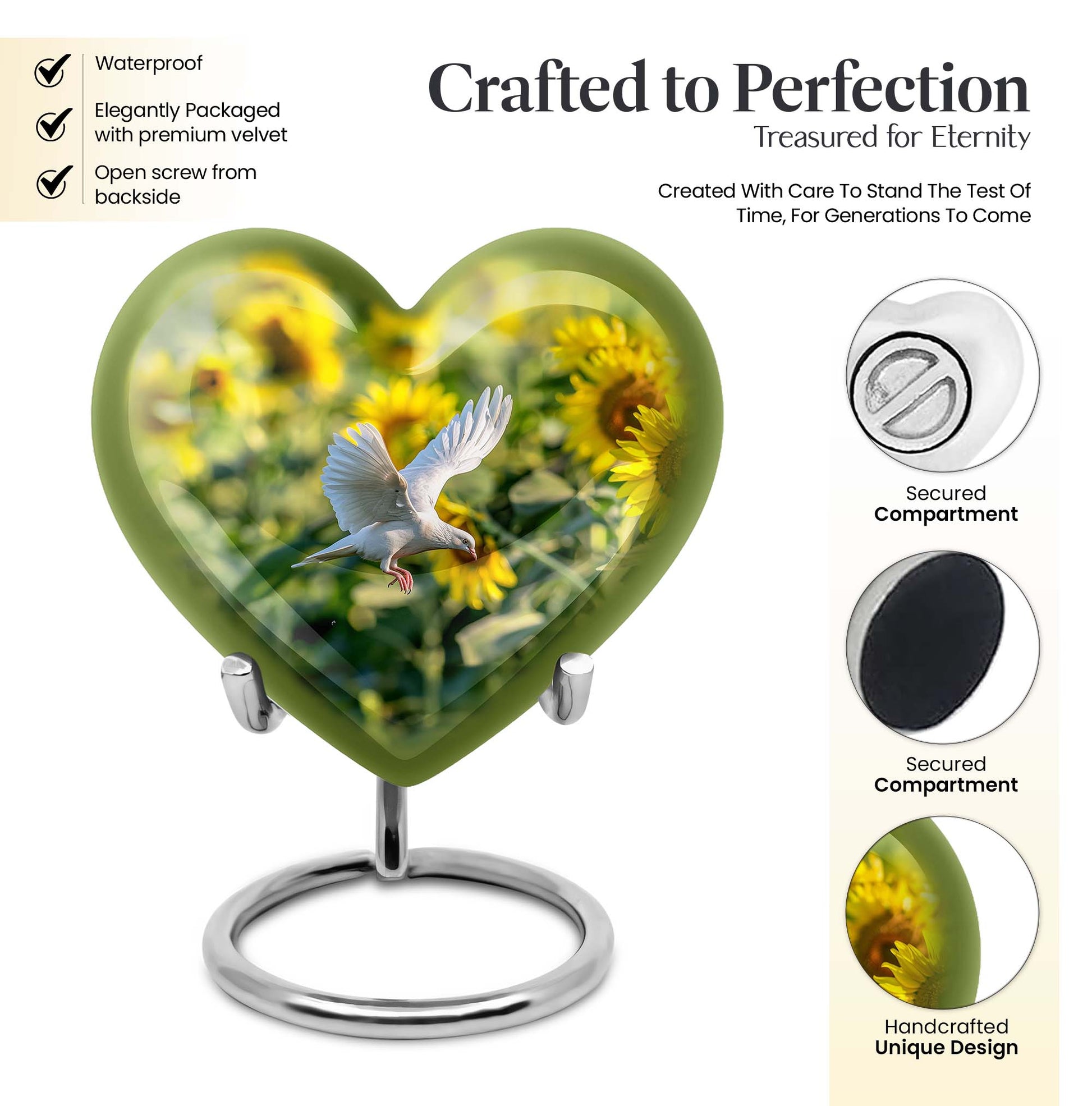 Heart design dove urn, 10 inches aluminium memorial urns for adult female ashes