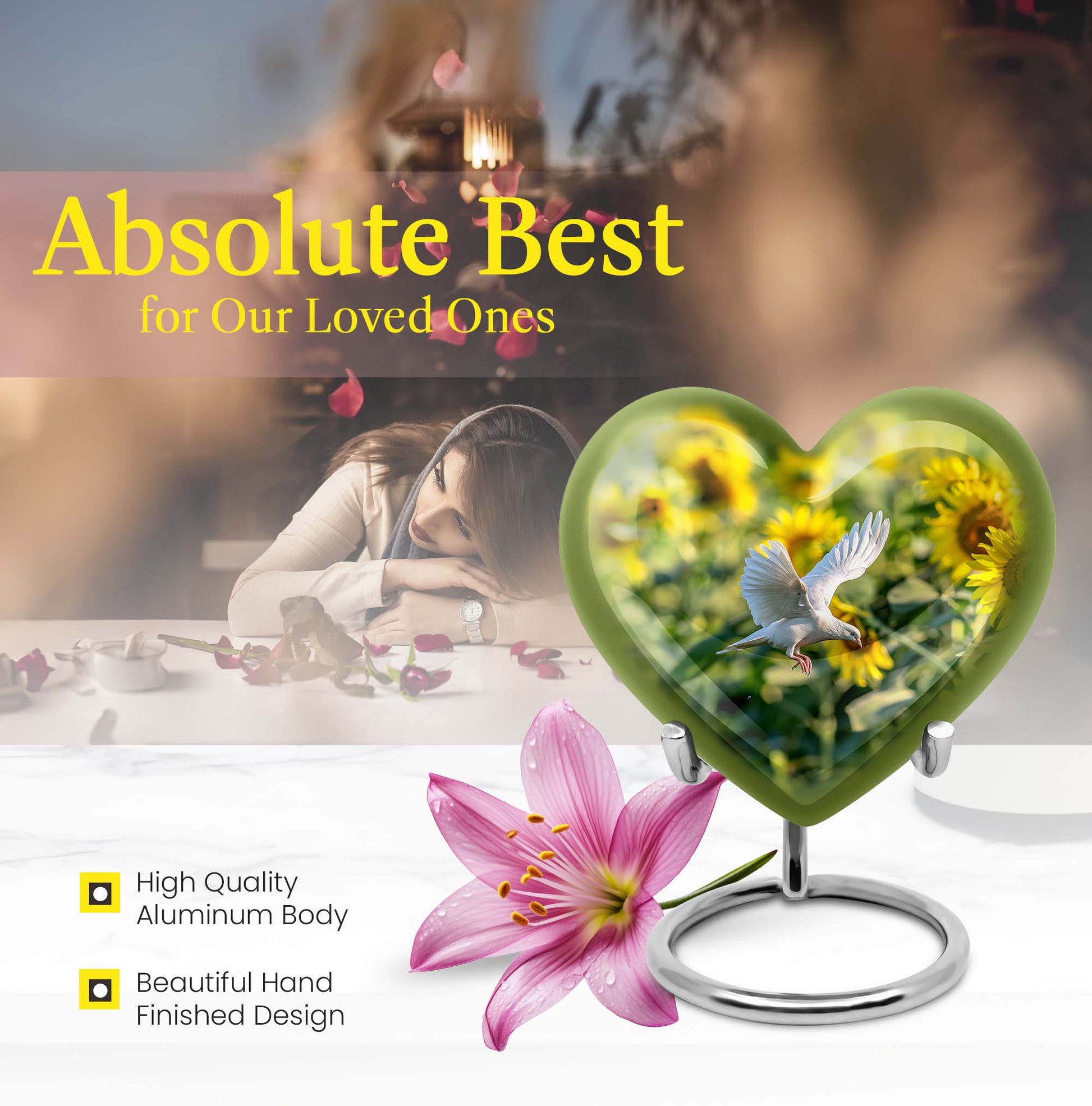 Heart design dove urn, 10 inches aluminium memorial urns for adult female ashes