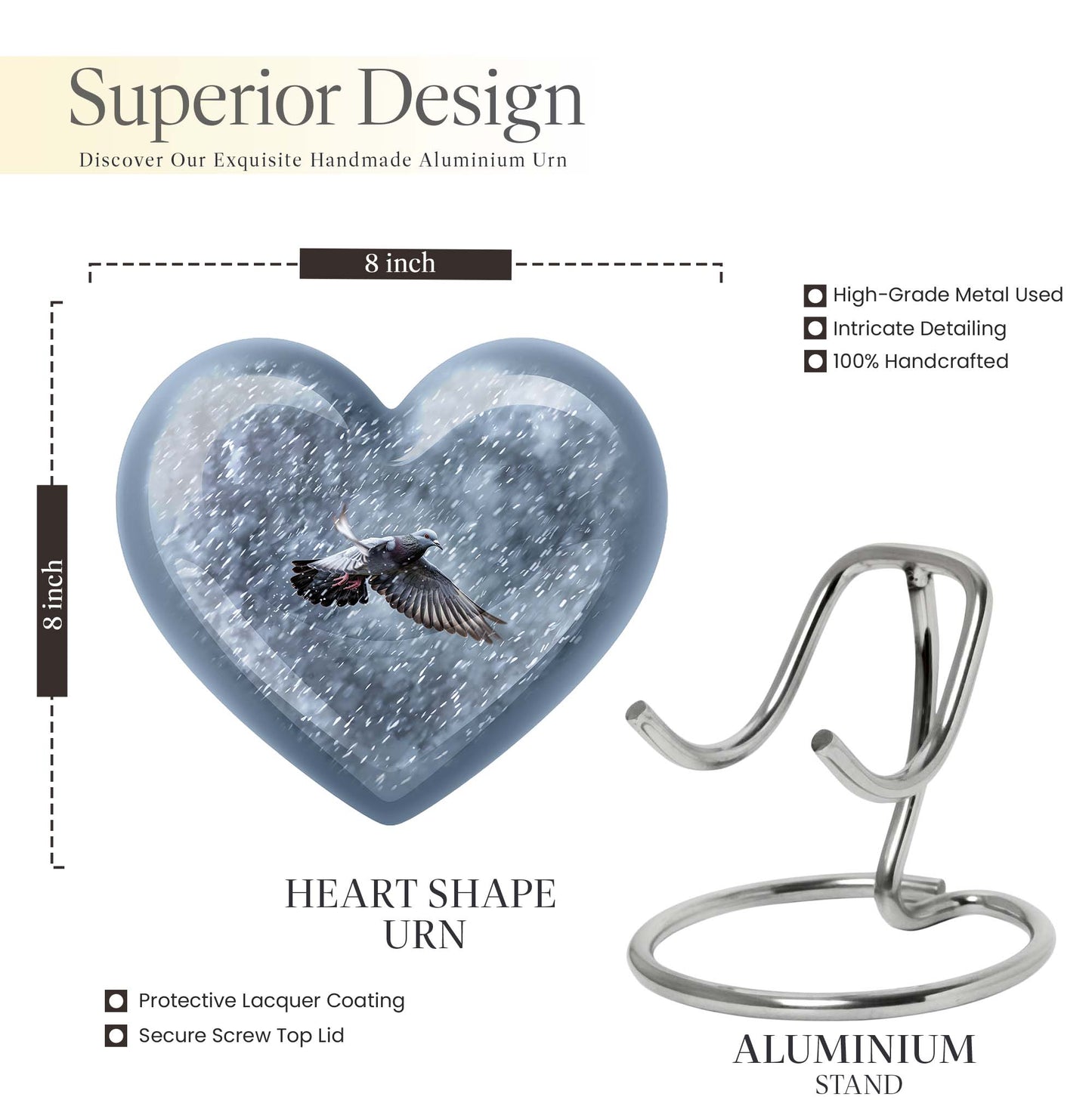 10-inch heart design dove urn with engraving, 