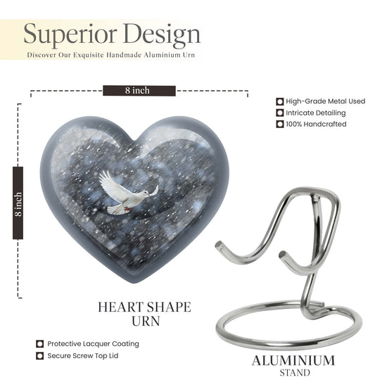 10-inch dove urn with abstract heart design for adult memorial, aluminium cremation containers