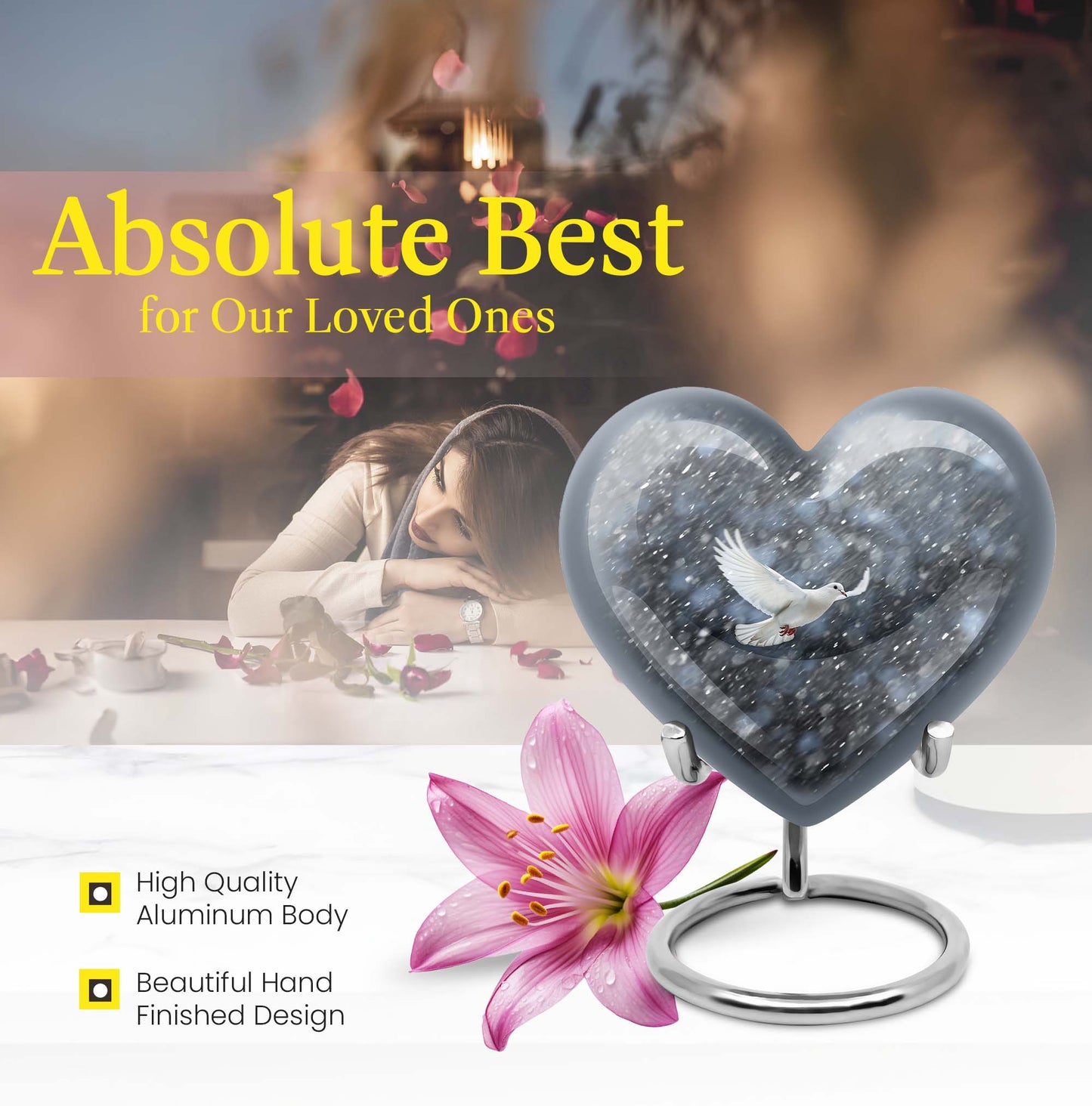 10-inch dove urn with abstract heart design for adult memorial, aluminium cremation containers