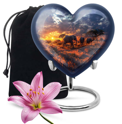 Heart Urn featuring an elephant family