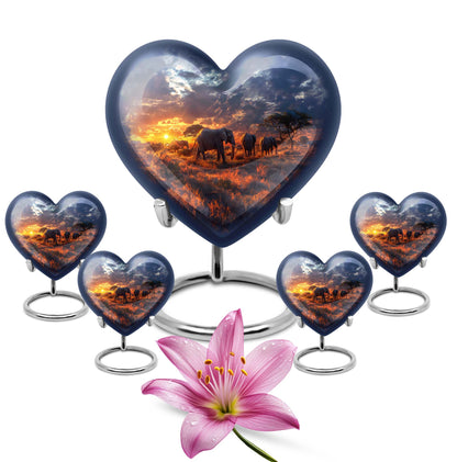 Heart Urn featuring an elephant family