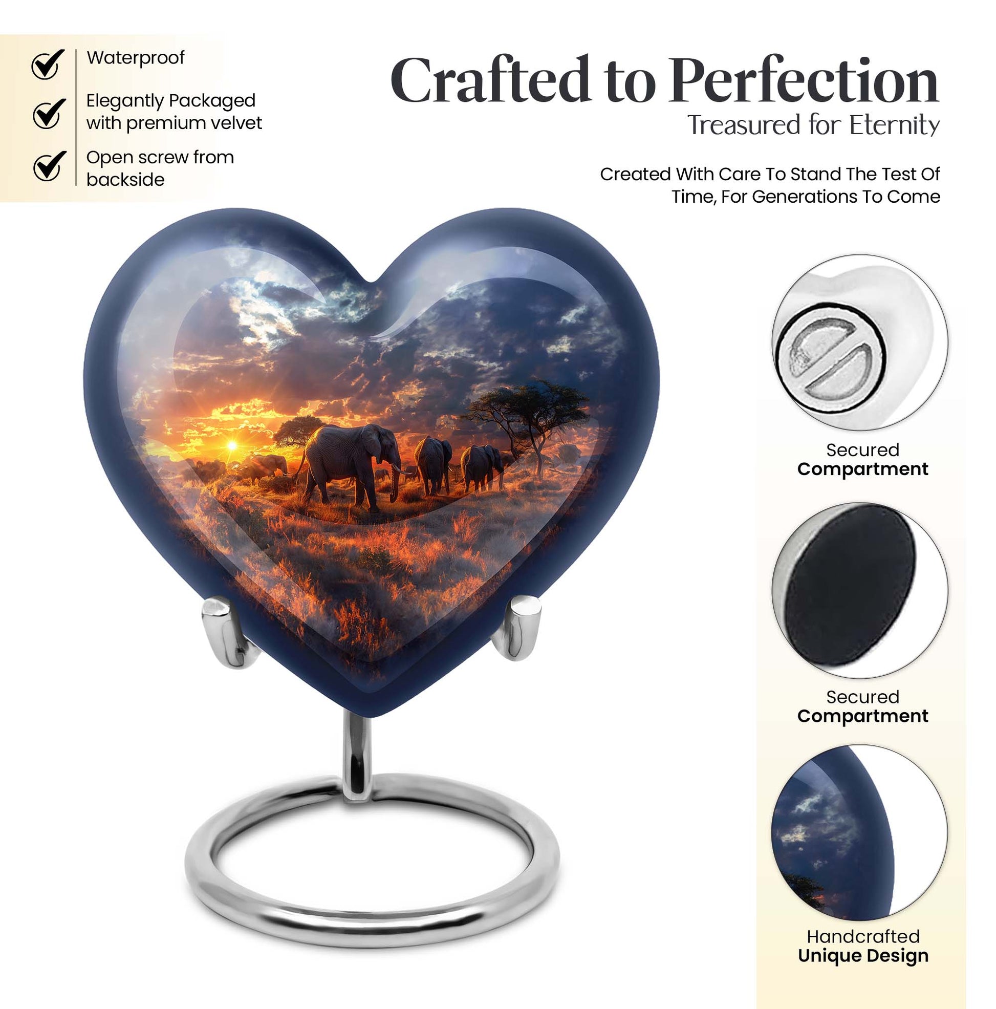 Heart Urn featuring an elephant family