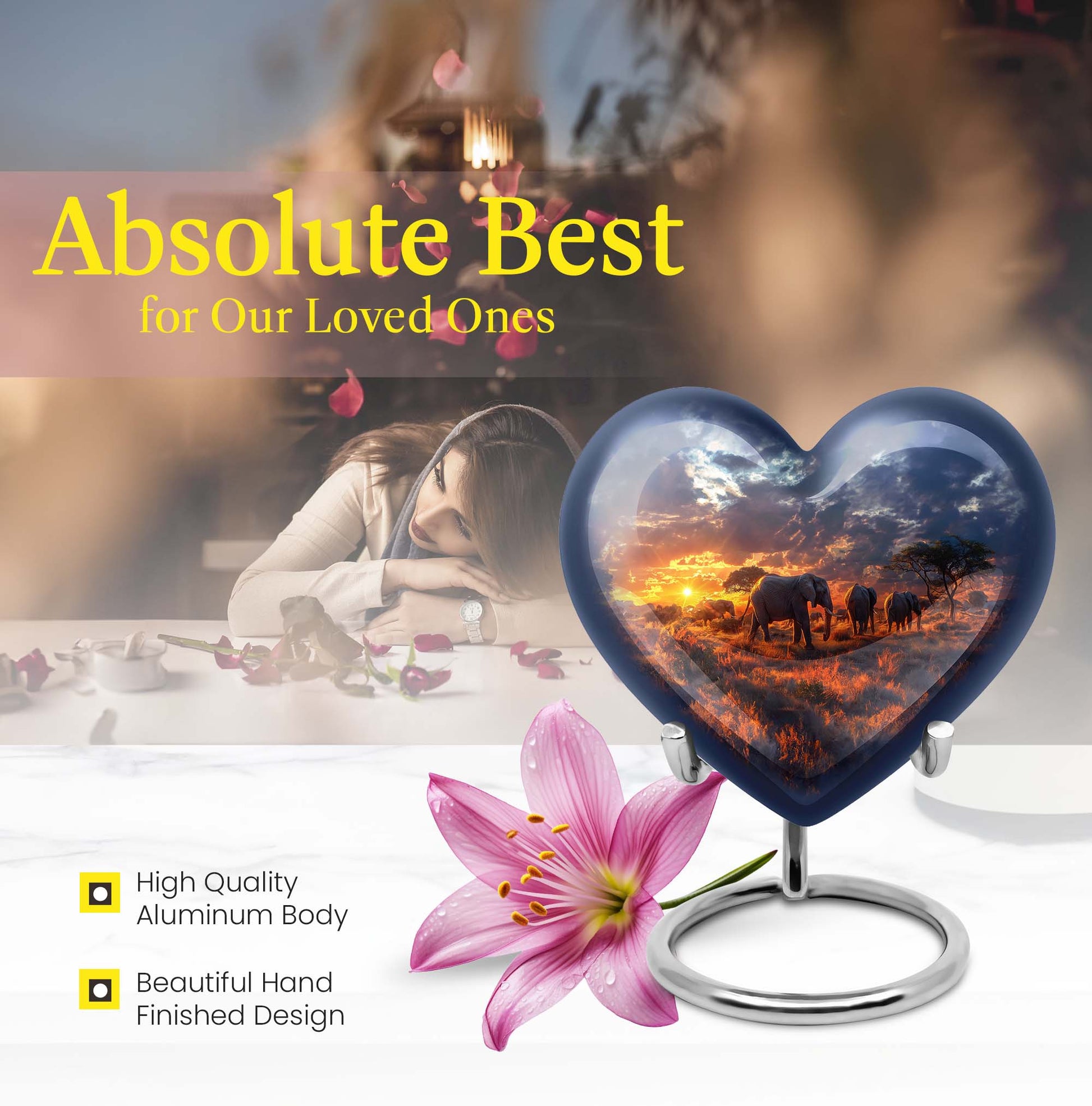 Heart Urn featuring an elephant family