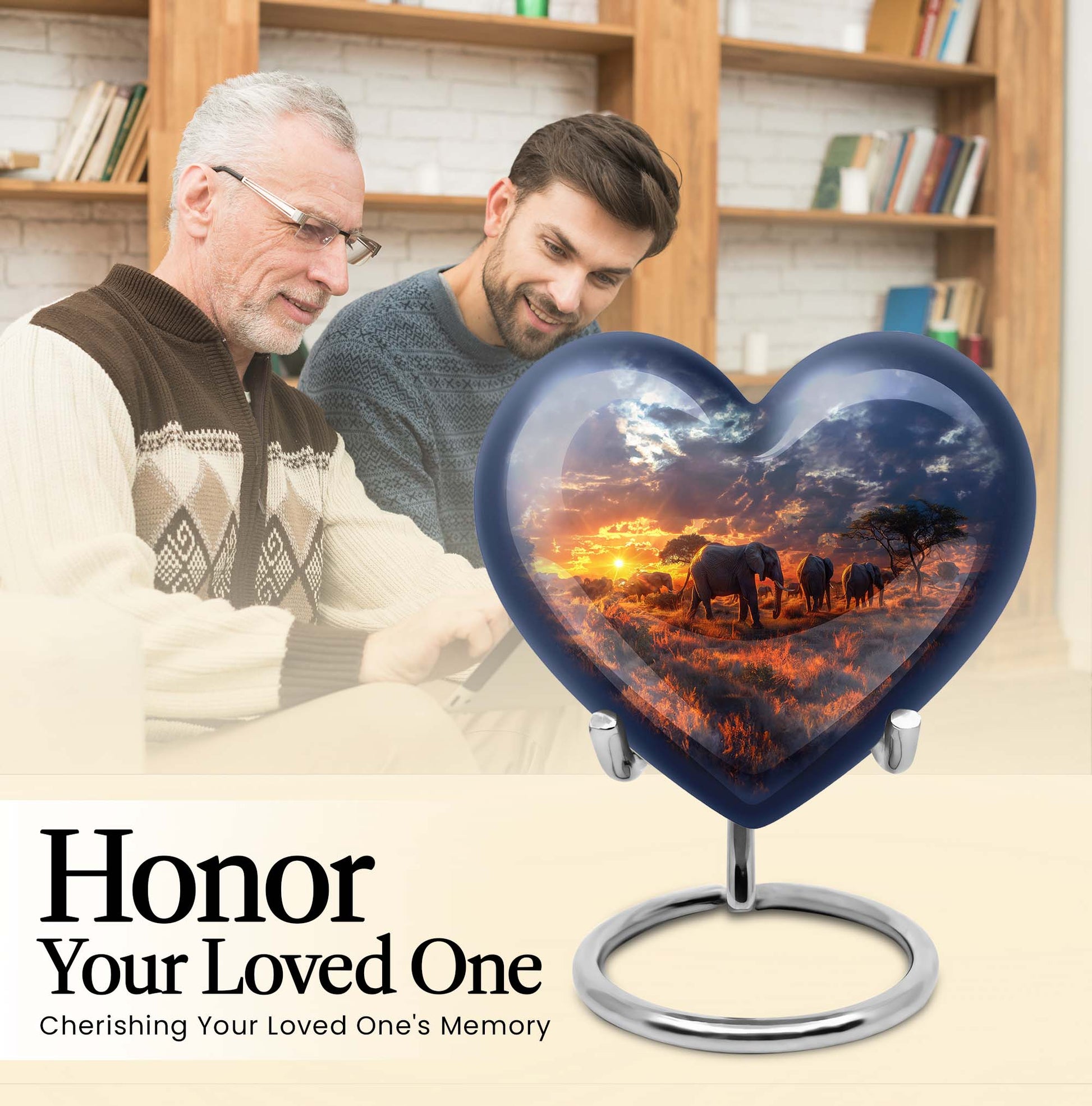 Heart Urn featuring an elephant family