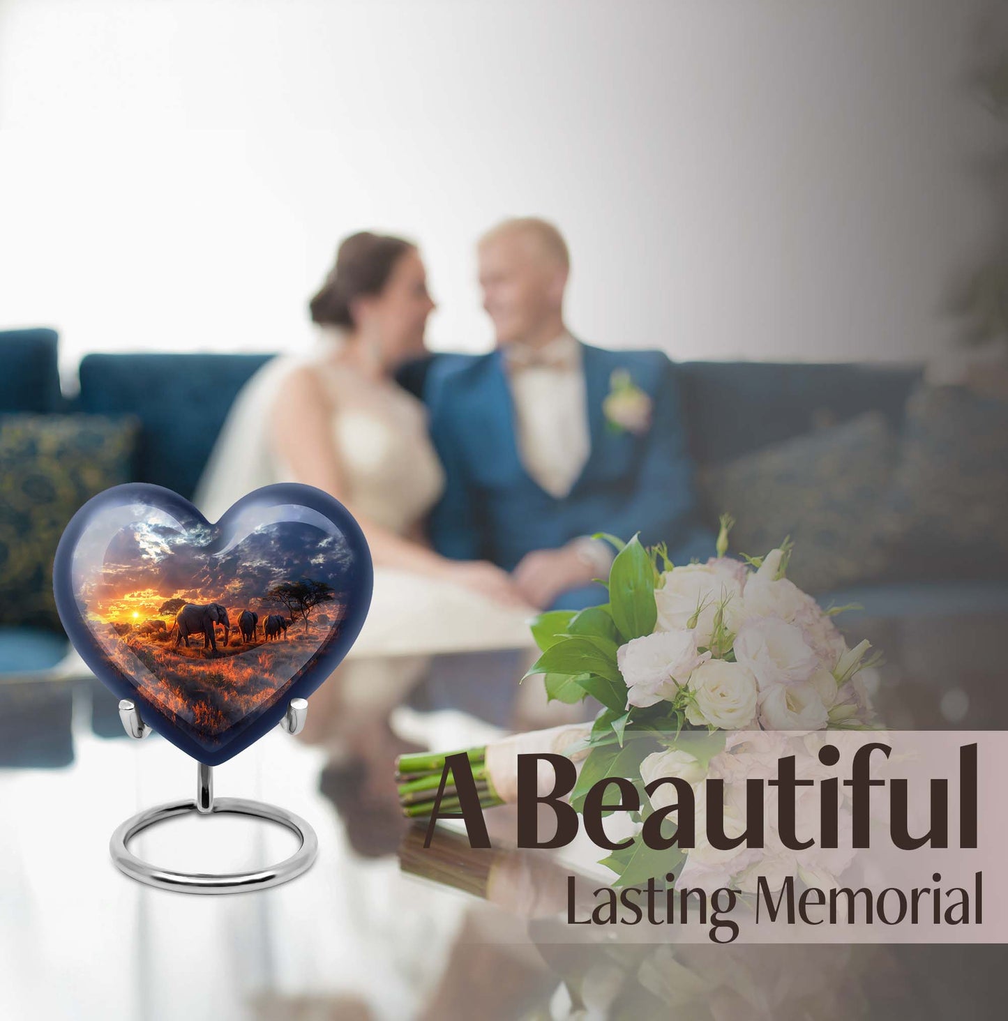 Heart Urn featuring an elephant family