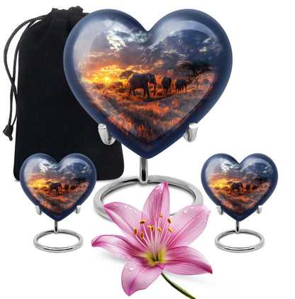 Heart Urn featuring an elephant family