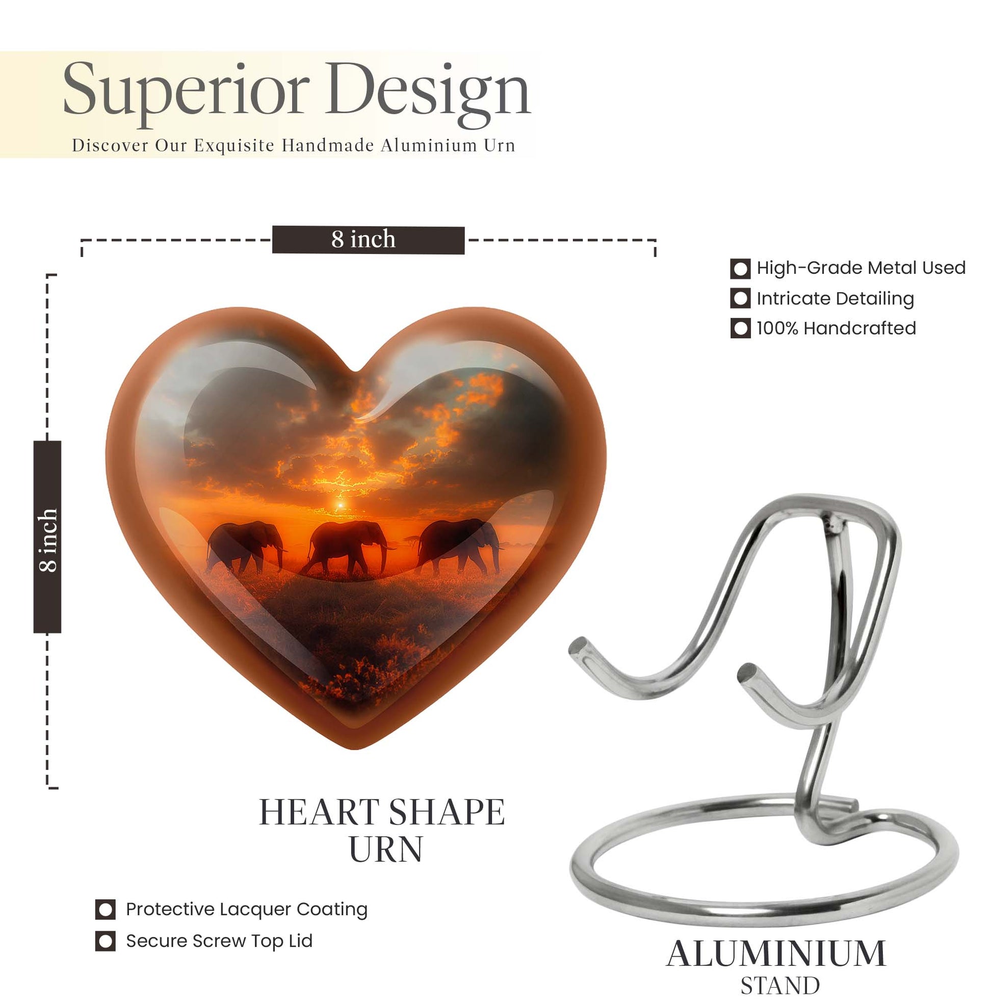 10-inch elephant family heart design funeral urn for mom, customizable, includes velvet pouch for ashes