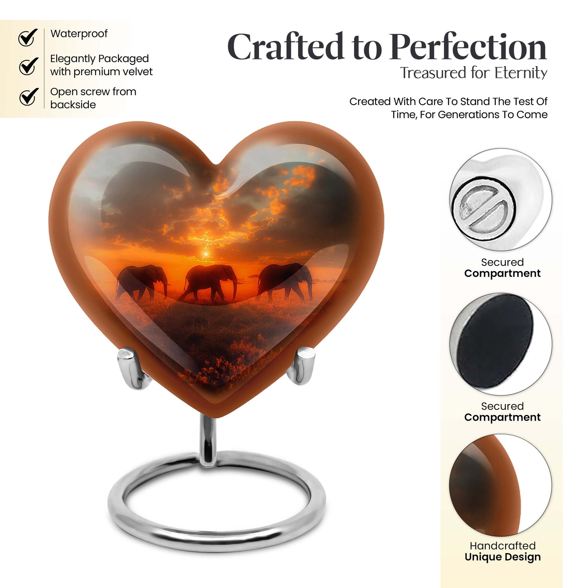 10-inch elephant family heart design funeral urn for mom, customizable, includes velvet pouch for ashes