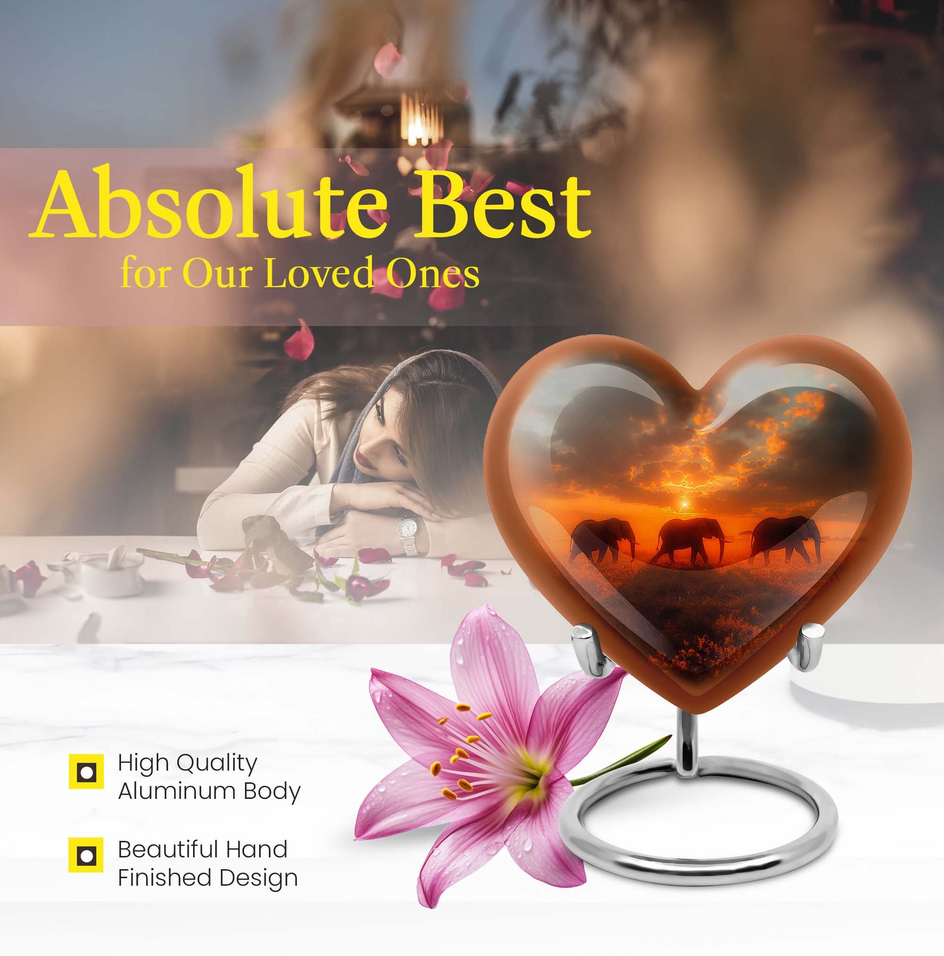 10-inch elephant family heart design funeral urn for mom, customizable, includes velvet pouch for ashes