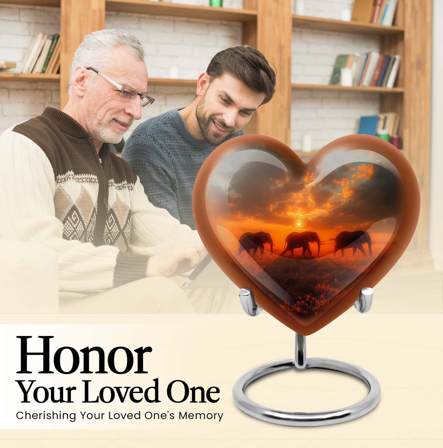 10-inch elephant family heart design funeral urn for mom, customizable, includes velvet pouch for ashes