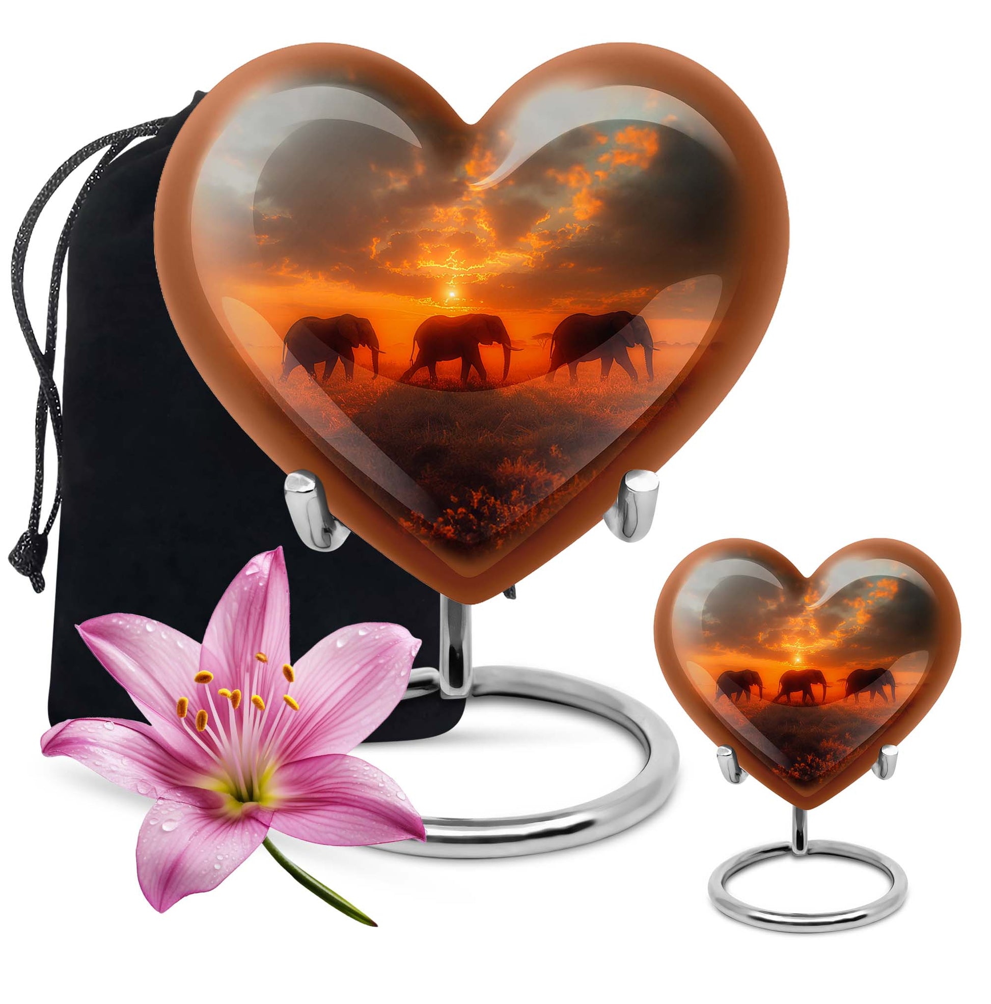 10-inch elephant family heart design funeral urn for mom, customizable, includes velvet pouch for ashes