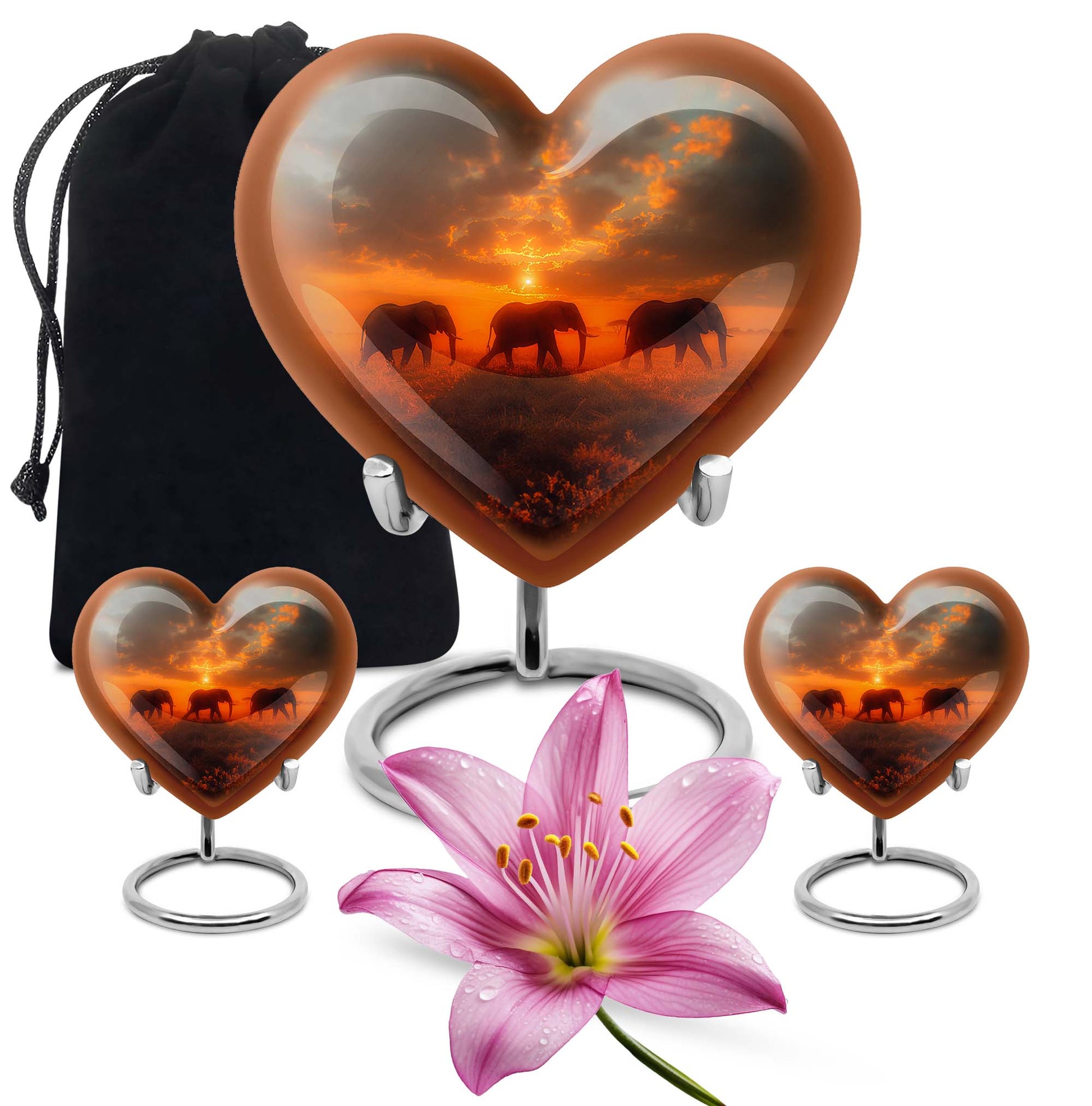 10-inch elephant family heart design funeral urn for mom, customizable, includes velvet pouch for ashes