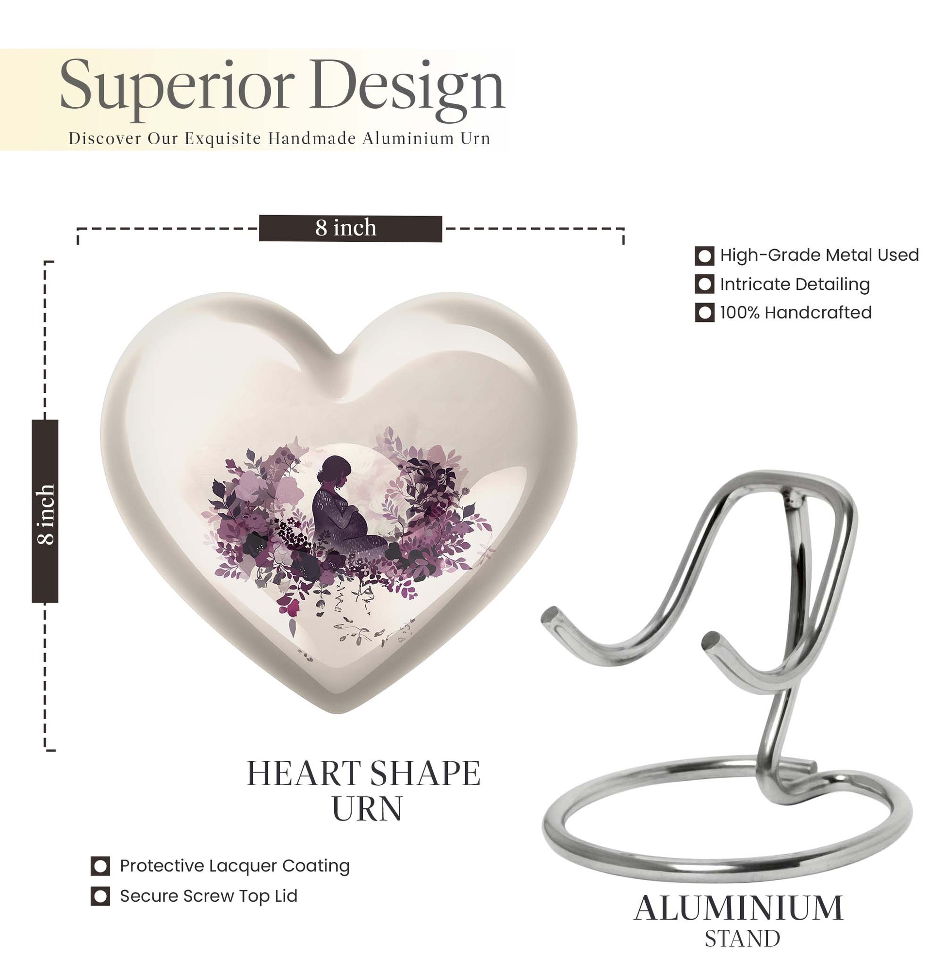 10-inch heart-shaped mother urn, large aluminium cremation urn for men, customizable with engraving