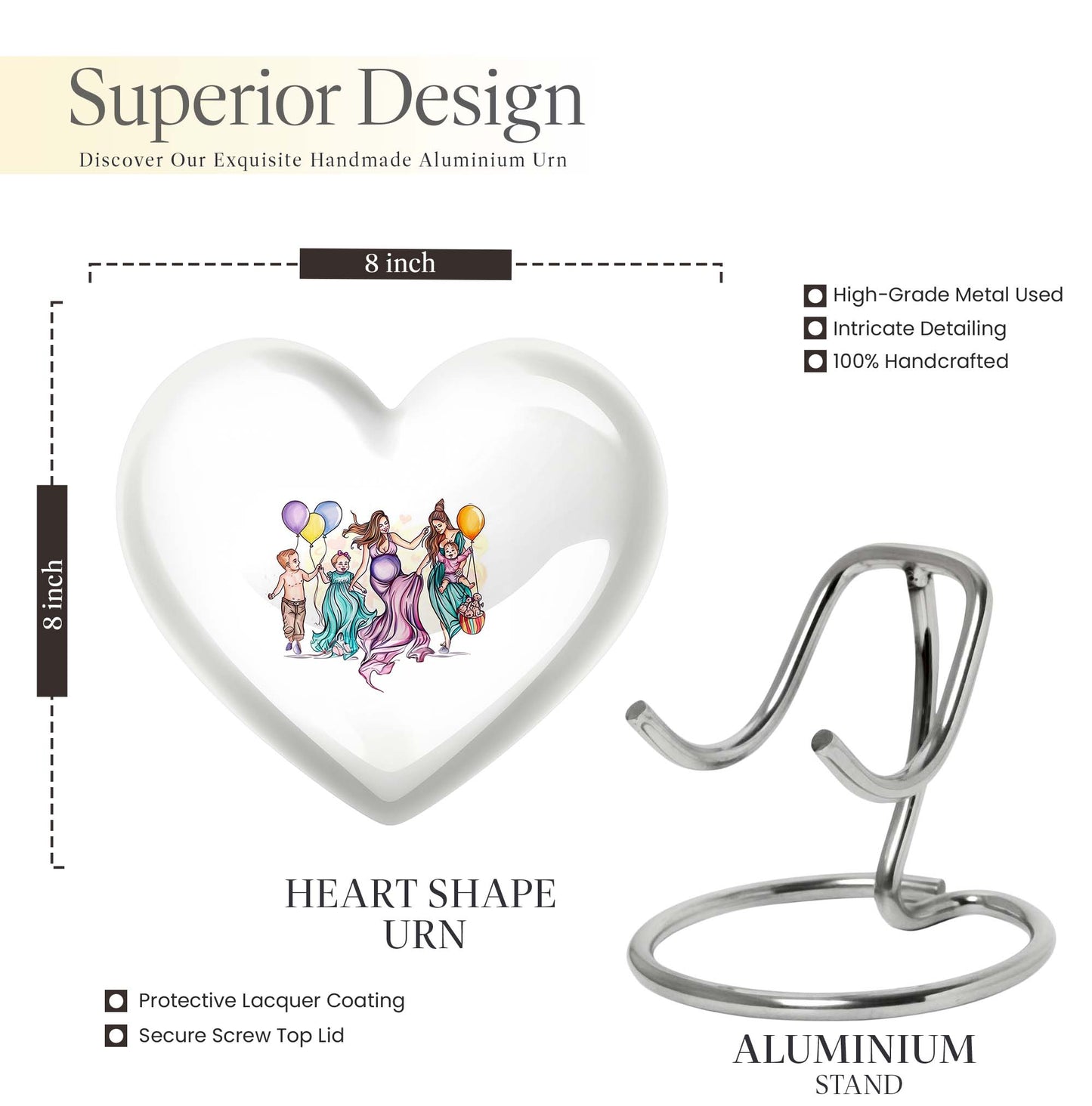 10-inch aluminium heart-shaped mother urn for adult human ashes, customizable with engraved names