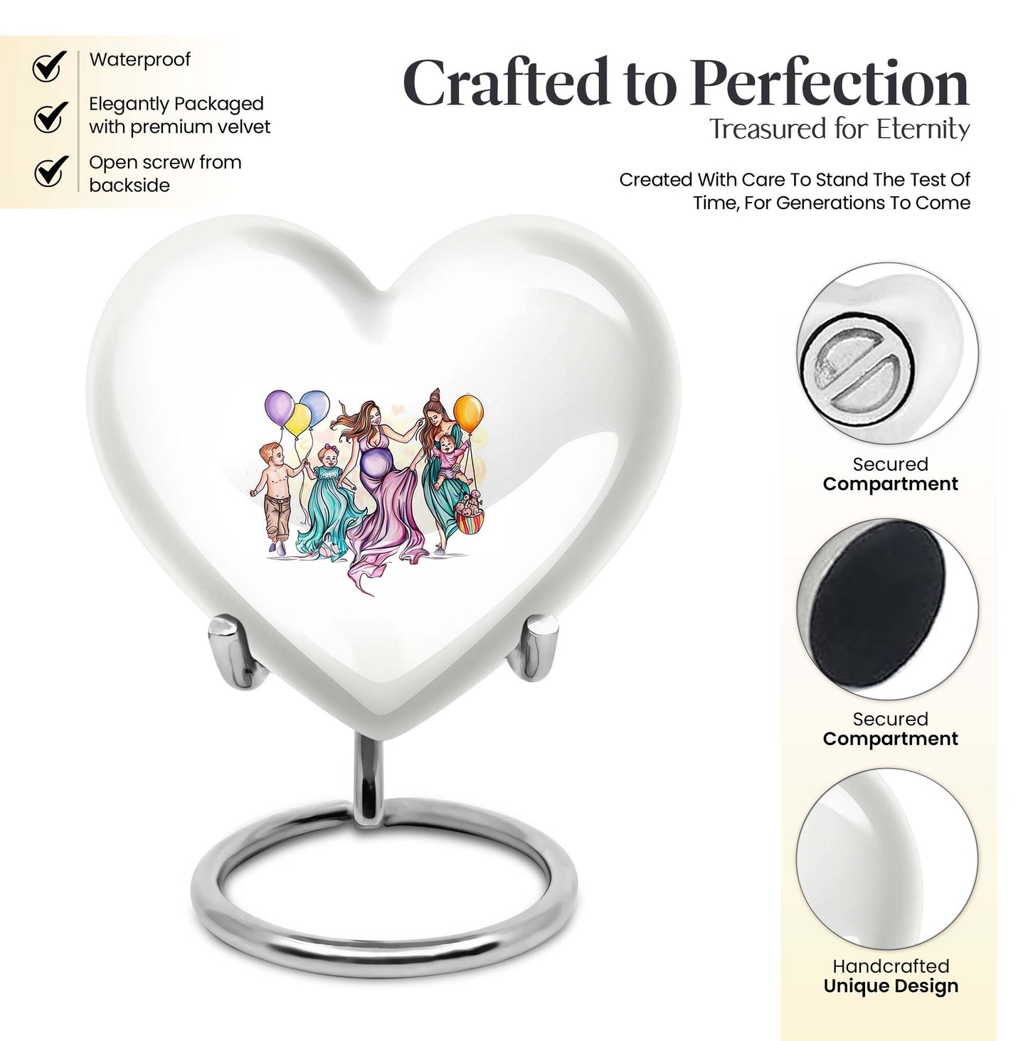10-inch aluminium heart-shaped mother urn for adult human ashes, customizable with engraved names