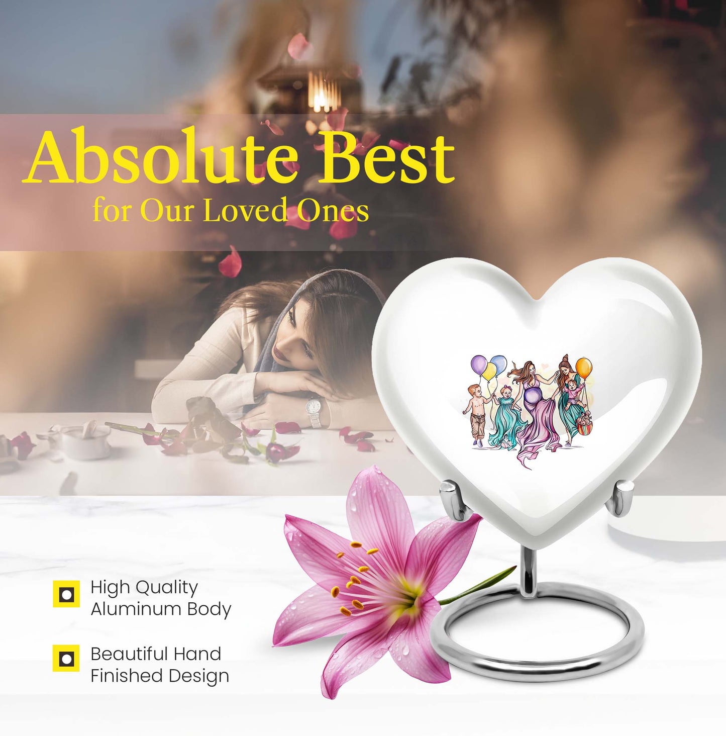 10-inch aluminium heart-shaped mother urn for adult human ashes, customizable with engraved names