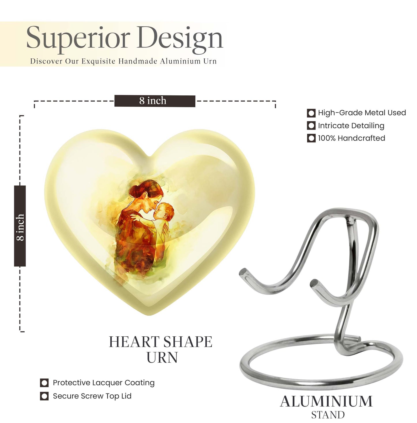 10-inch heart-shaped, aluminum mother urn for human ashes, 