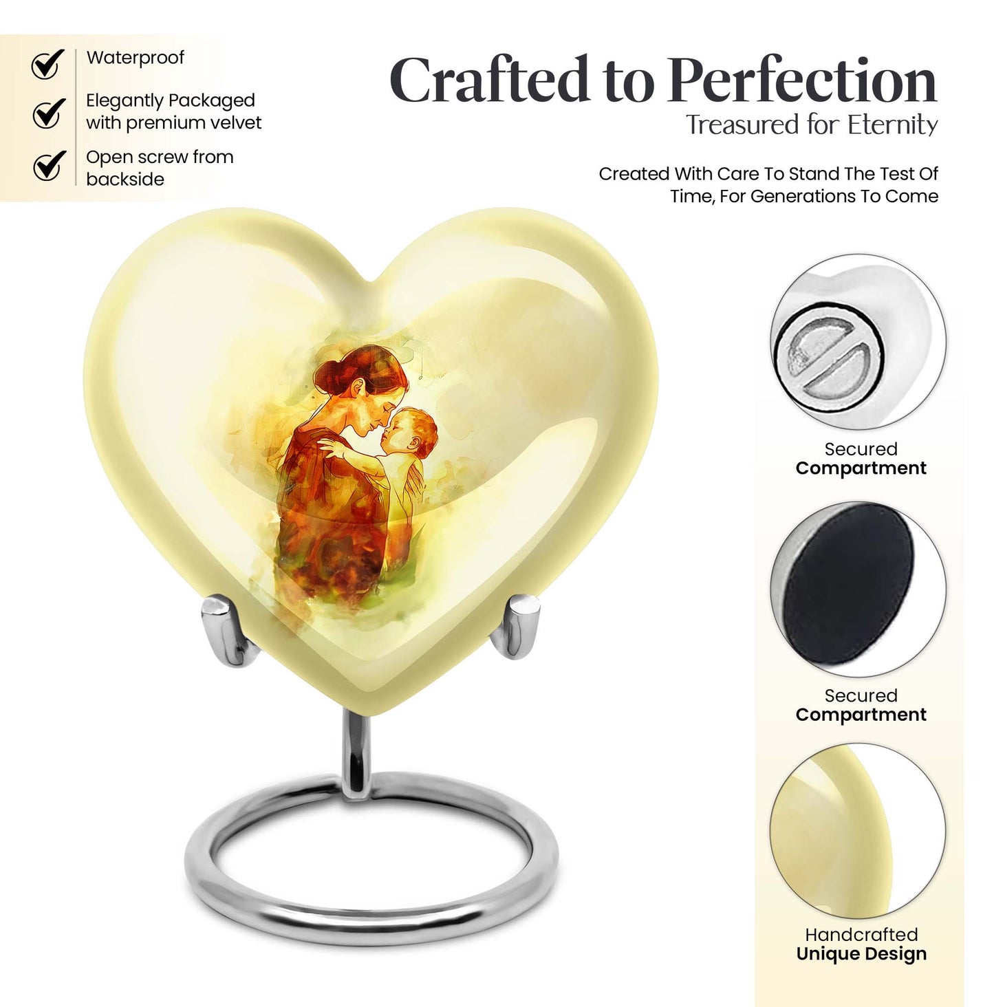10-inch heart-shaped, aluminum mother urn for human ashes, 