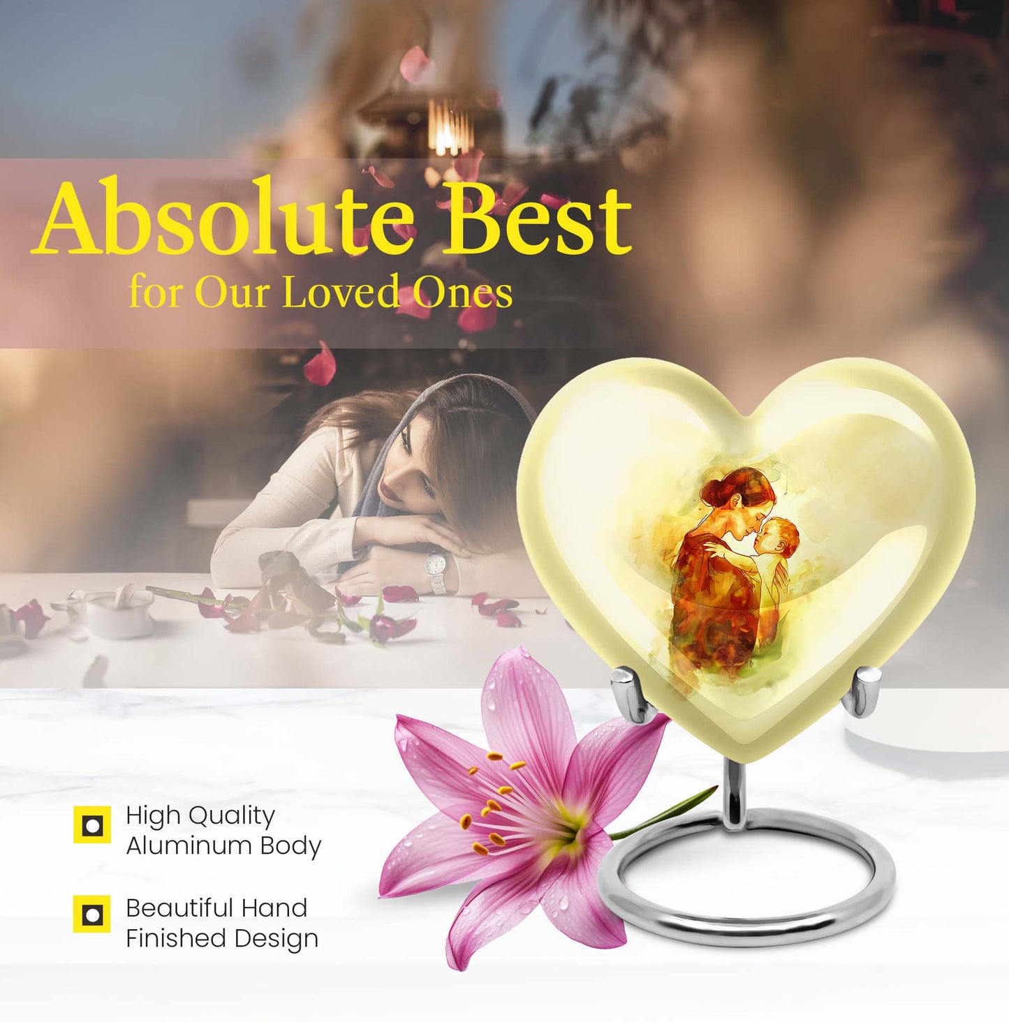 10-inch heart-shaped, aluminum mother urn for human ashes, 