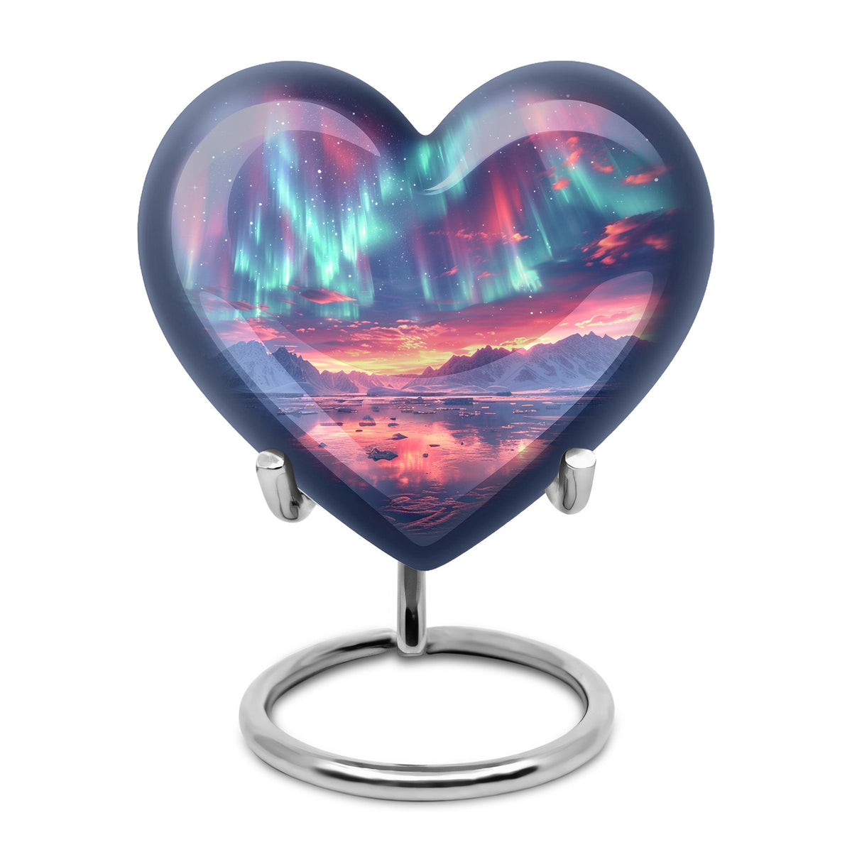 Aurora Borealis Urn for Human Ashes, over Sunset Mountains and Water, Cremation Urn