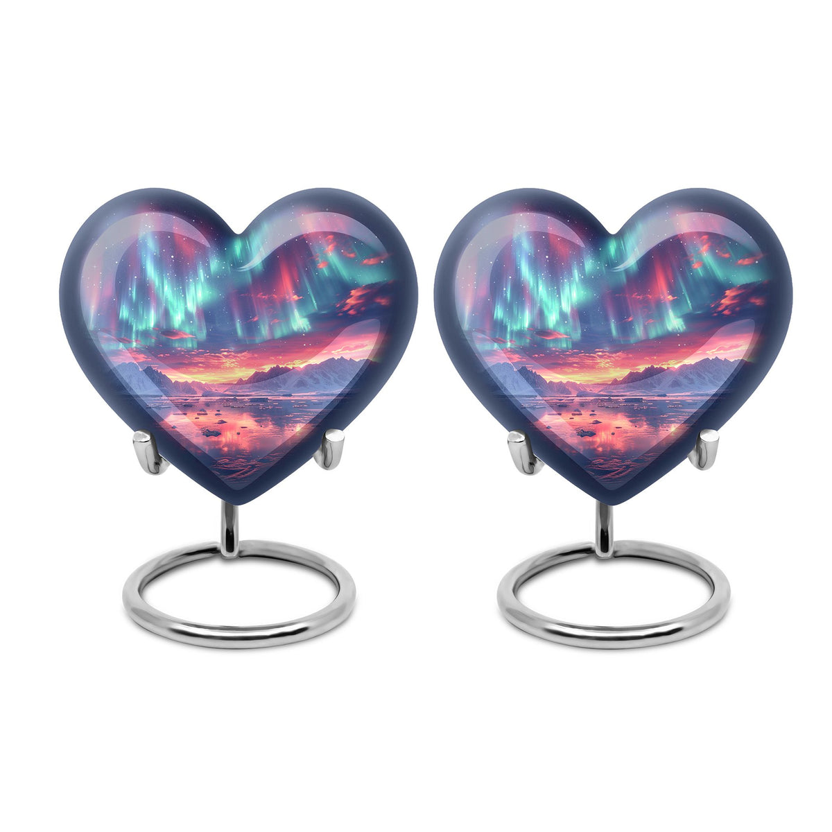 Aurora Borealis Urn for Human Ashes, over Sunset Mountains and Water, Cremation Urn