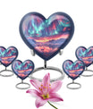 10-inch northern lights urn, heart-shaped, for cremation, includes velvet pouch