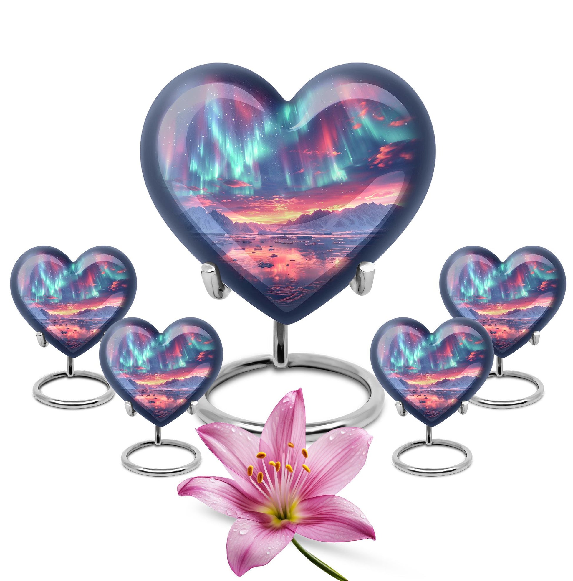 10-inch northern lights urn, heart-shaped, for cremation, includes velvet pouch