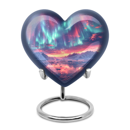 10-inch northern lights urn, heart-shaped, for cremation, includes velvet pouch