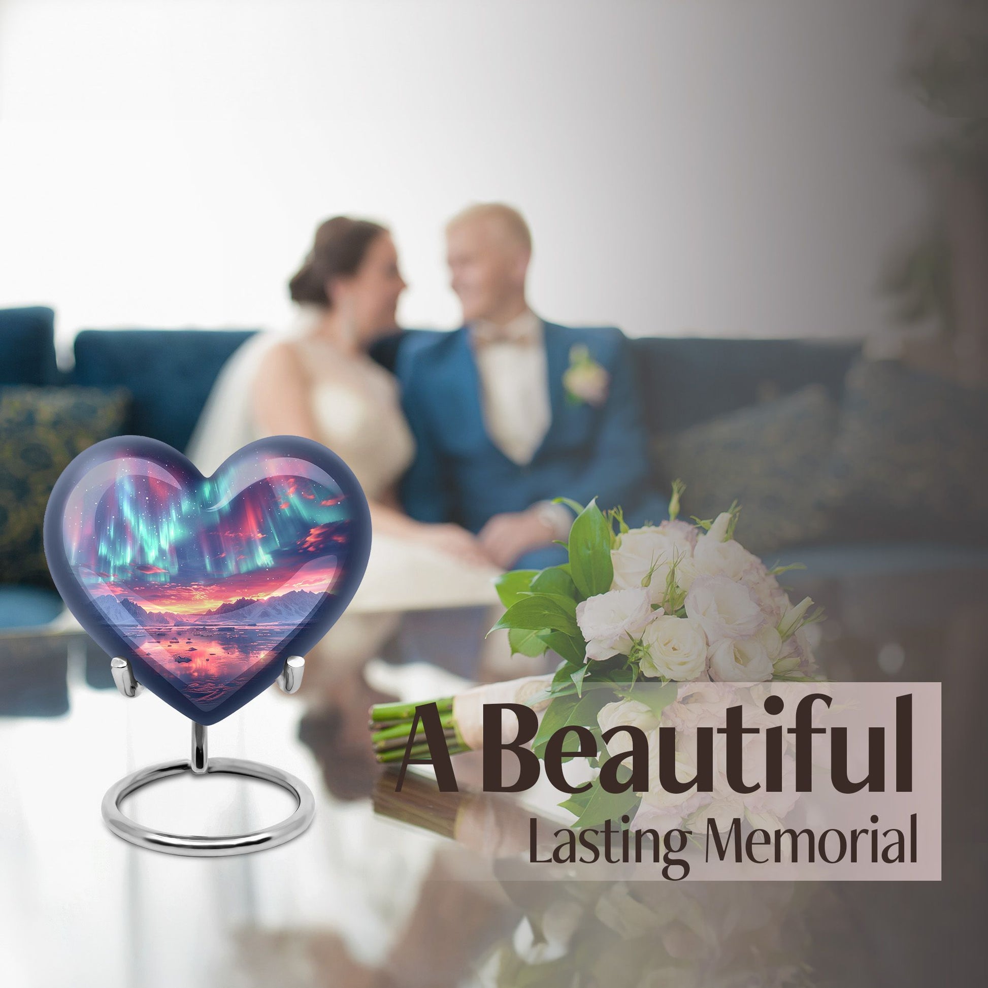 10-inch northern lights urn, heart-shaped, for cremation, includes velvet pouch