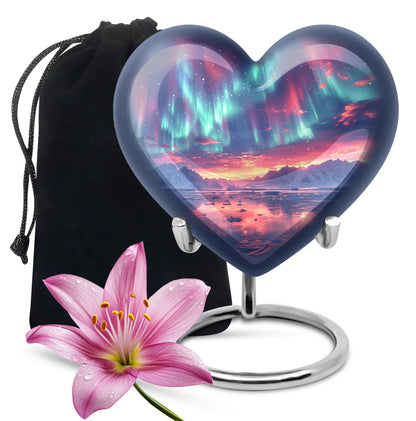 Aurora Borealis Urn for Human Ashes, over Sunset Mountains and Water, Cremation Urn