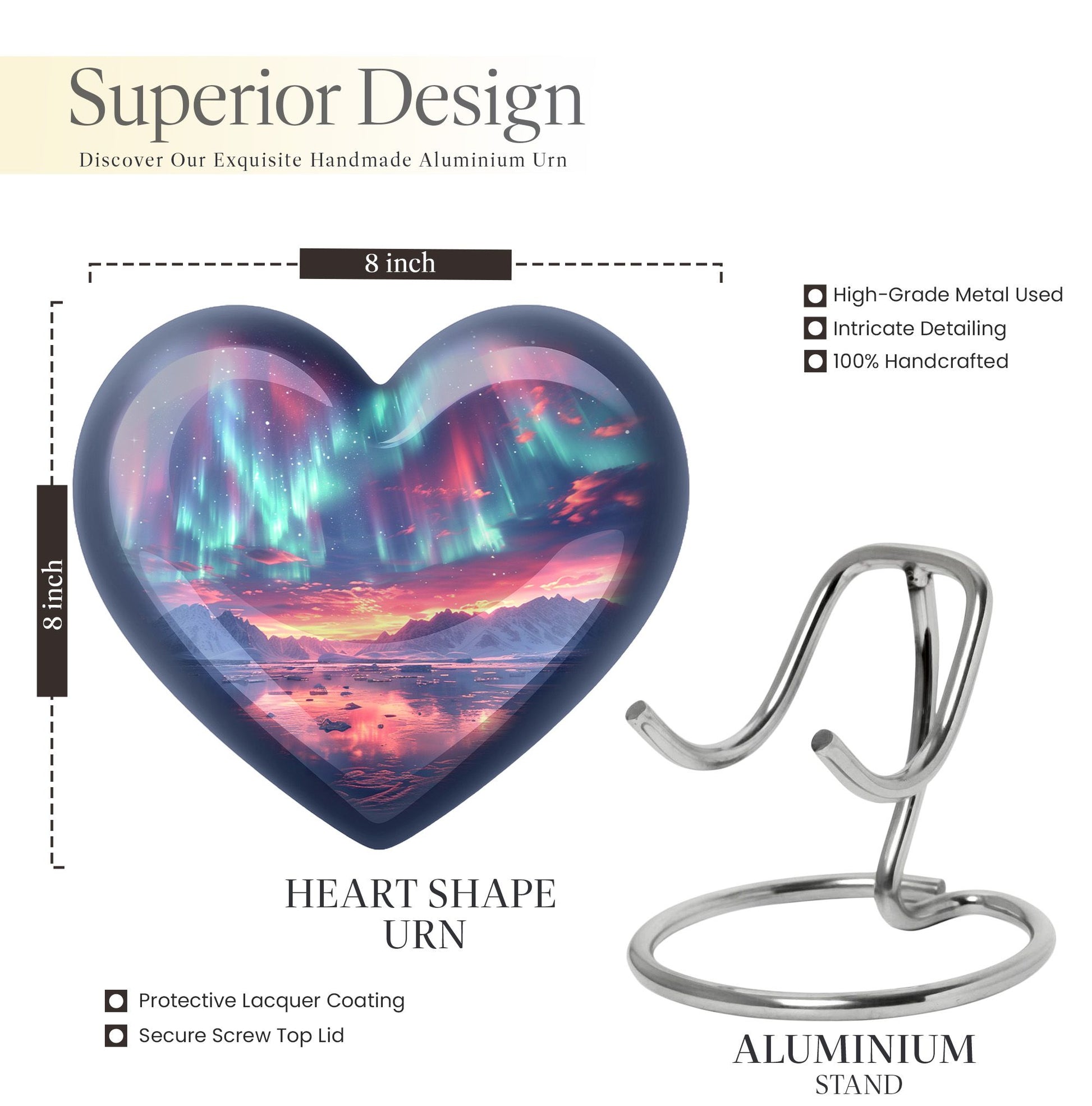 10-inch northern lights urn, heart-shaped, for cremation, includes velvet pouch