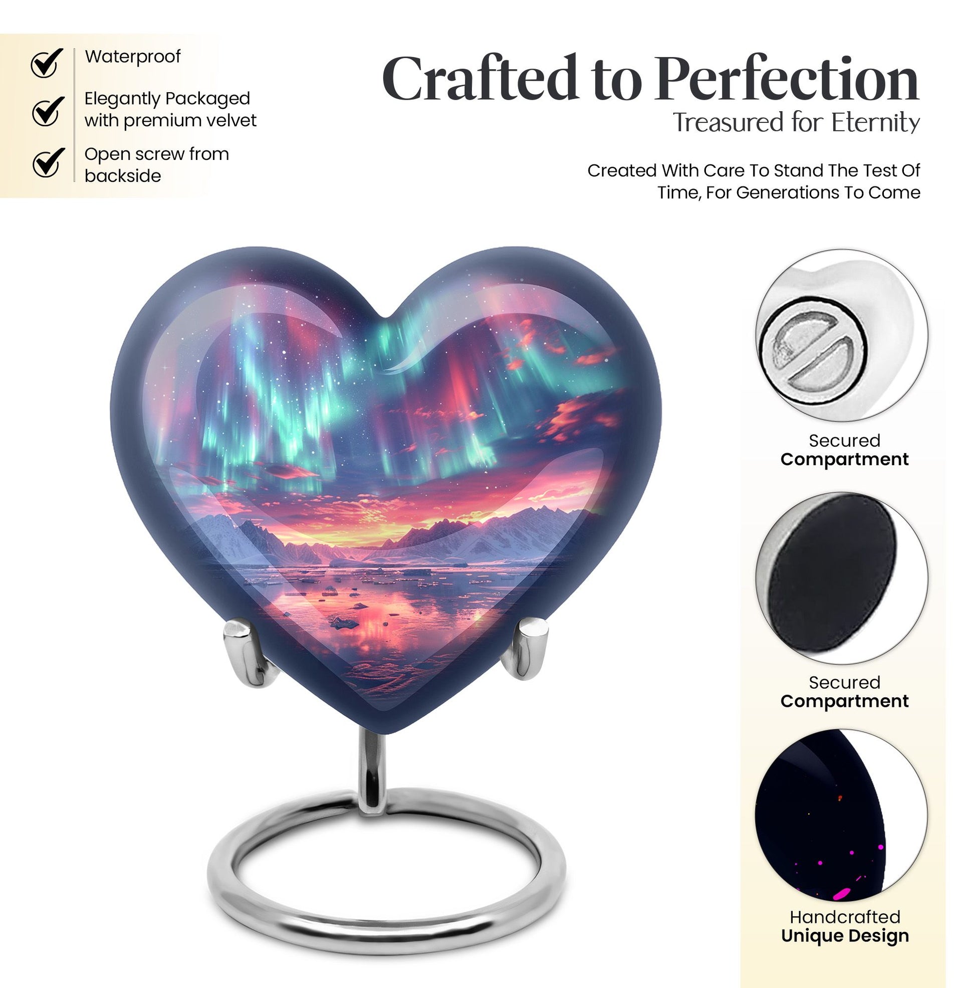 10-inch northern lights urn, heart-shaped, for cremation, includes velvet pouch