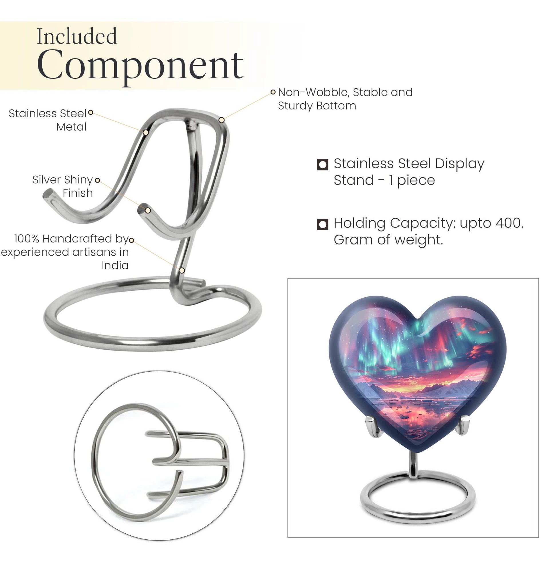 10-inch northern lights urn, heart-shaped, for cremation, includes velvet pouch