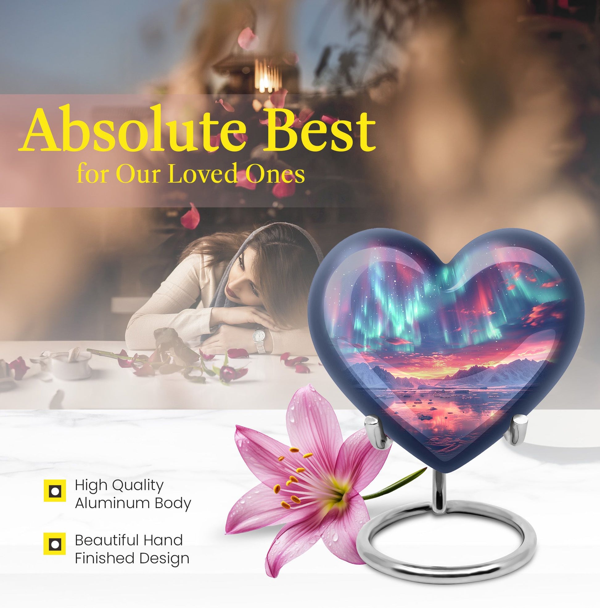 10-inch northern lights urn, heart-shaped, for cremation, includes velvet pouch