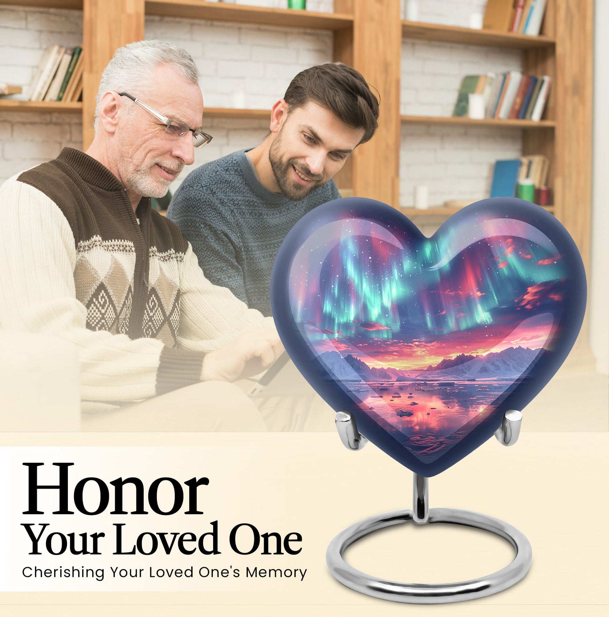 10-inch northern lights urn, heart-shaped, for cremation, includes velvet pouch