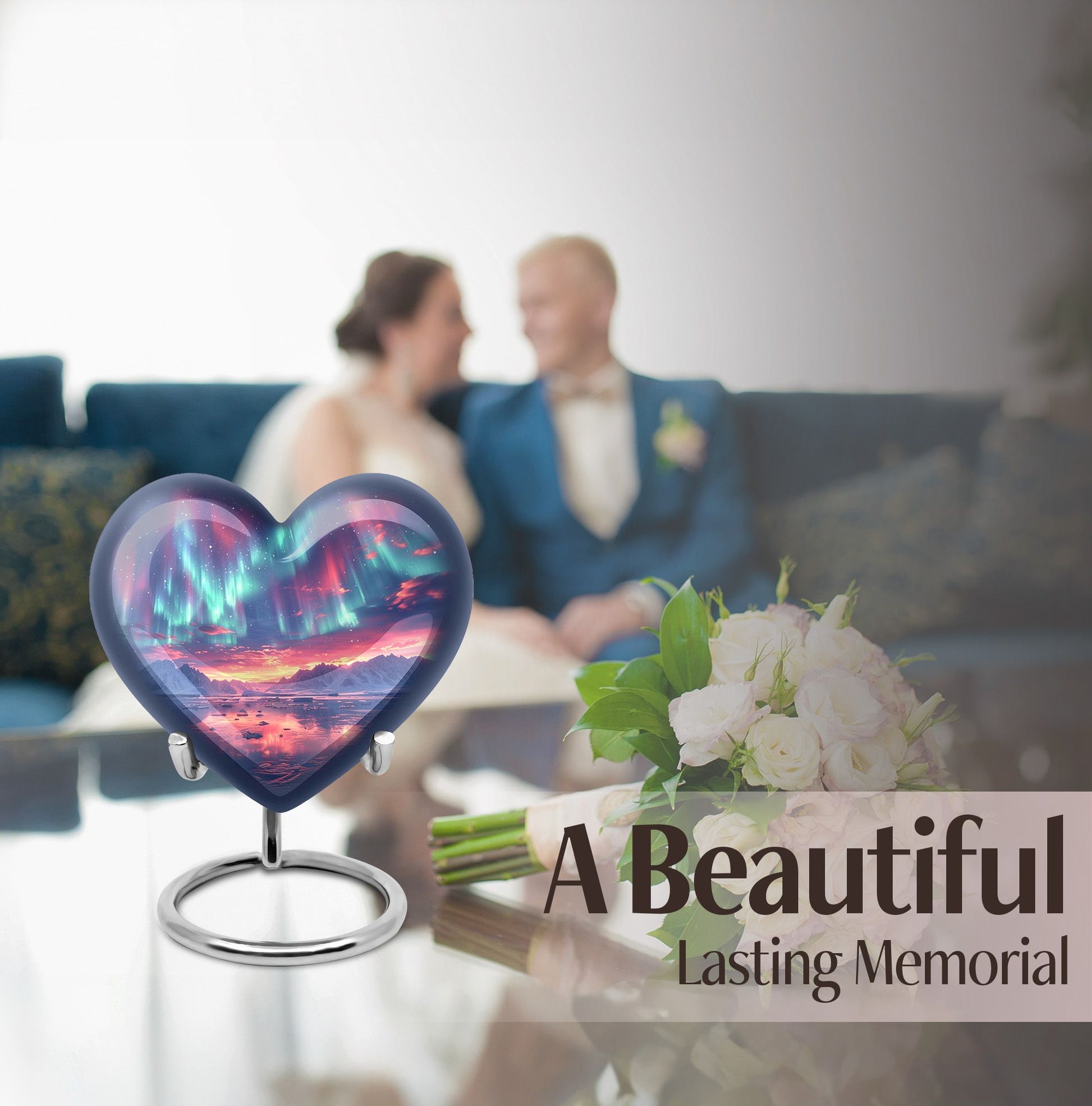 10-inch northern lights urn, heart-shaped, for cremation, includes velvet pouch