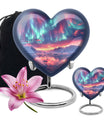 10-inch northern lights urn, heart-shaped, for cremation, includes velvet pouch