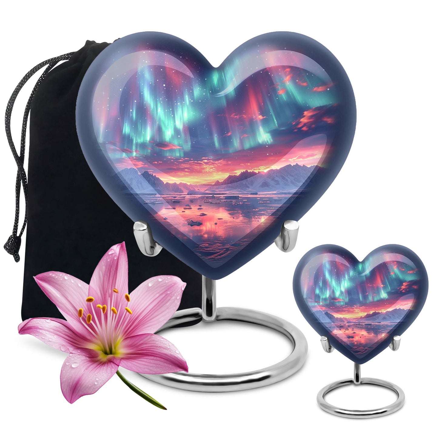 10-inch northern lights urn, heart-shaped, for cremation, includes velvet pouch