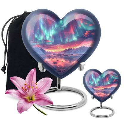 Aurora Borealis Urn for Human Ashes, over Sunset Mountains and Water, Cremation Urn