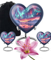 10-inch northern lights urn, heart-shaped, for cremation, includes velvet pouch