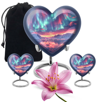 Aurora Borealis Urn for Human Ashes, over Sunset Mountains and Water, Cremation Urn